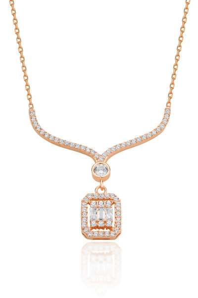 KAR DİAMOND 925 Ayar Gümüş Rose Kaplama Baget Taşlı Pırlanta Modeli Gerdanlık...