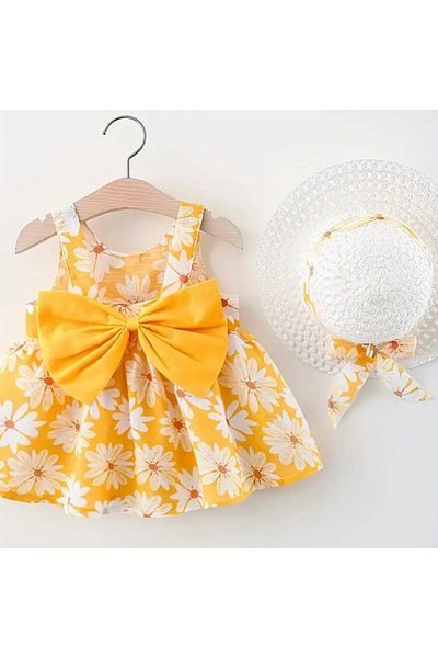 darko Yellow and White Daisy Dress Floral Fedora Hat Set with Ribbon Cute Baby Girl Eid Set with Hat