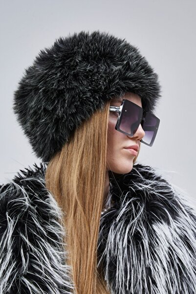 peluscum Siyah Beyaz Kırçıllı Suni Kürk Kalpak Kadın Şapkası