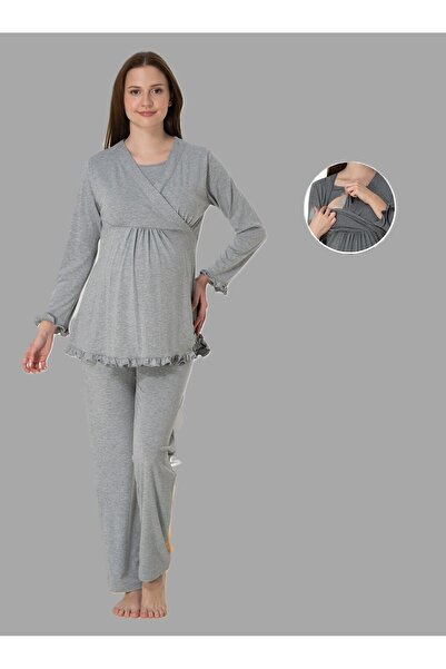 LOHOUSE Kadın Gri Uzun Kol Kruvaze Lohusa Hamile Pijama Takım