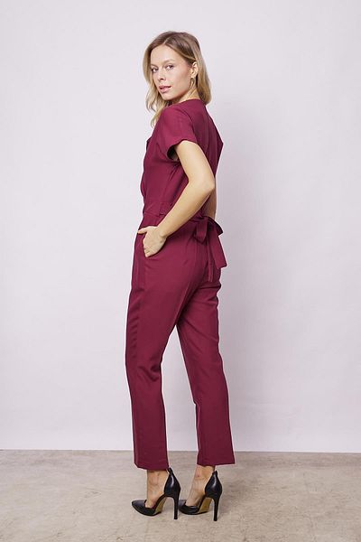 Jument Stylish and Lightweight Lycra Wrap Neckline Off-Shoulder Lace-Up Ankle Length Office Jumpsuit - Burgundy