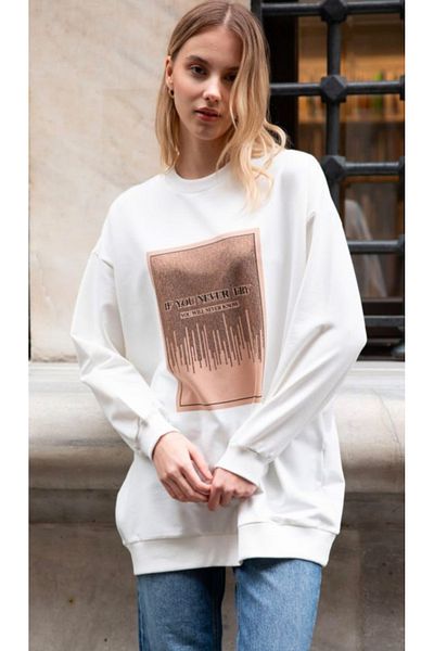 Lotus Print Stone Detail Sweatshirt Vanilla