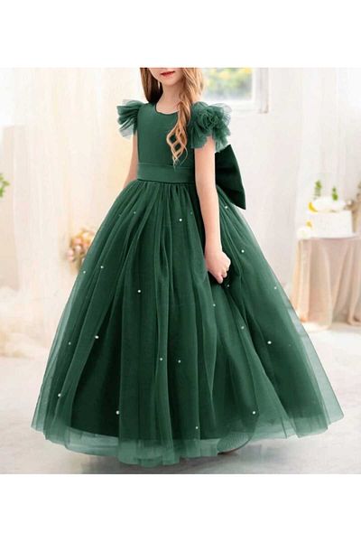 NSMLİFE Smocked/Ruffle Sleeve Emerald Long Pearls Girls' Princess Dress Graduation Birthday Dress