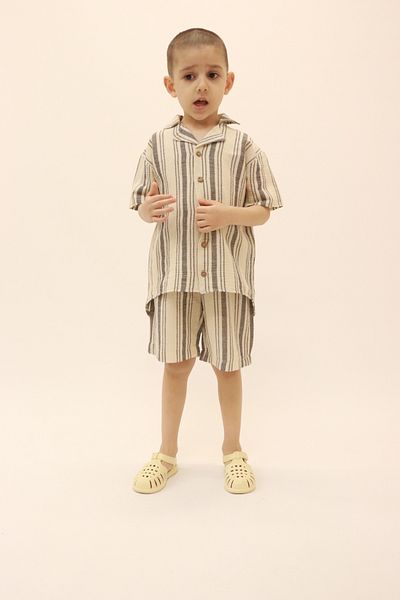 BALKABAĞI Striped Şile Cloth Shirt and Shorts Set for 2-8 Years Old Children - Mtye0057