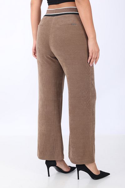 EXİTLİNE Women's Elastic Waist Double Color Stripe Tan Velvet Trousers