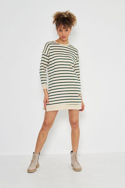 Kutaf White Green Striped Crew Neck Tunic