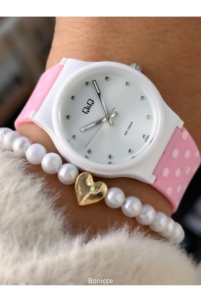 Q&Q Pink Silicone,10 Bar(Suitable for Pool,Denz Use) Girl's Wrist Watch + Bracelet