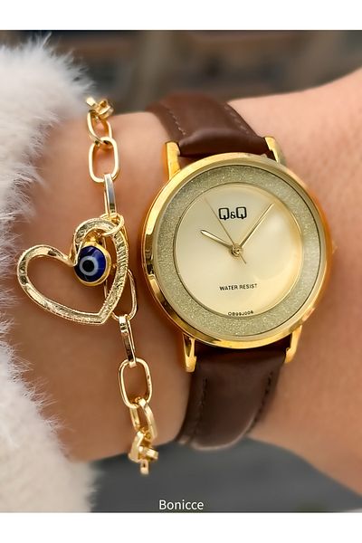 Q&Q Brand Brown Leather Cord, Women's Wrist Watch Bracelet with Heart