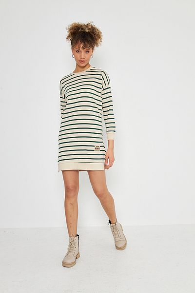 Kutaf White Green Striped Crew Neck Tunic