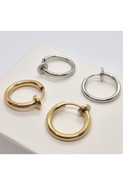 Set Stainless Steel Compression (2 Pairs) Fake Perforation Free (12 mm) Hoop Earrings