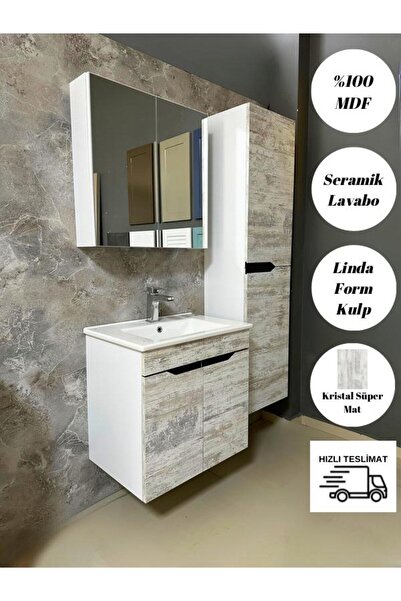 noce Banyo Dolabı Mdf 65 cm Boy Dolaplı Linda Form Kulplu