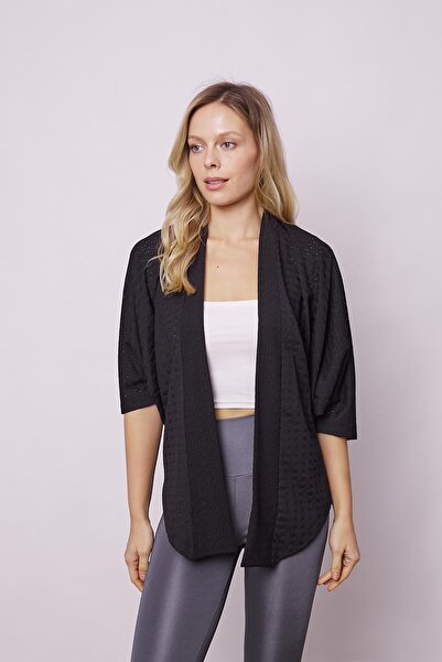 Jument Women's Lycra Perforated 1St Class Fabric Lace Bat Casual Comfortable Cut Stylish Cardigan-Black