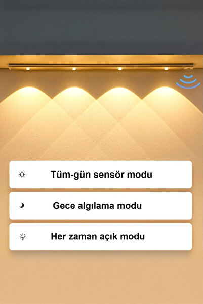 Tktoptan Akıllı Hareket Sensörlü 3 Işık Modlu Lamba Dolap Mutfak Işığı - 3Led - 40 Cm Usb Şarjlı