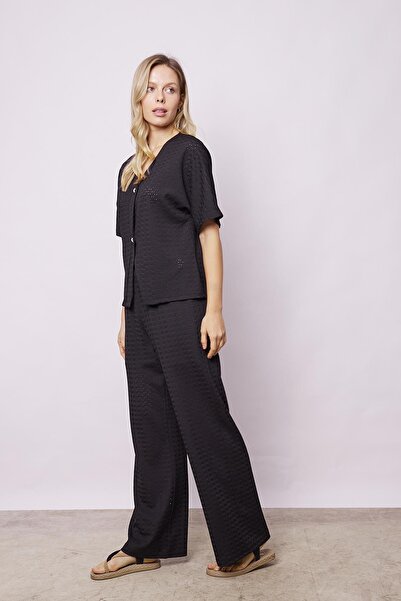 Jument Lycra Women's Palazzo Pants with High Waist and Lace Detail - Wide Leg Relaxed Fit Si