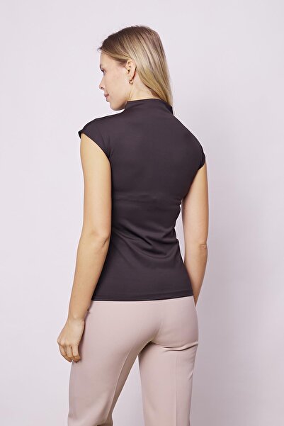 Jument Women's Stand Collar Front Stitching Detail Light Shiny Lycra Tough Fabric Short Sleeve Body Blouse-Black