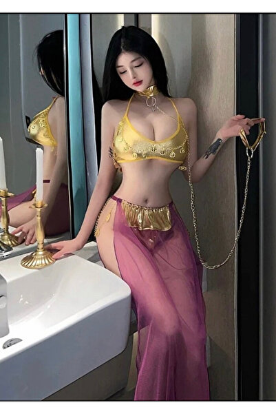 La Saade İthal Y2k Cosplay Oryantel Seksi Fantezi Kostüm, 3 parça, etek, üst, boyun zinciri.
