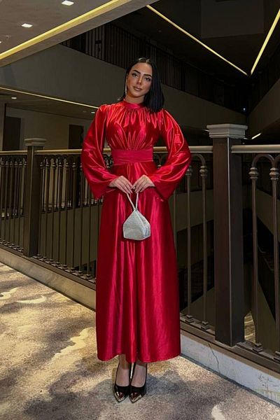Mossta Long Sleeve Waist Tie Satin Evening Dress Red