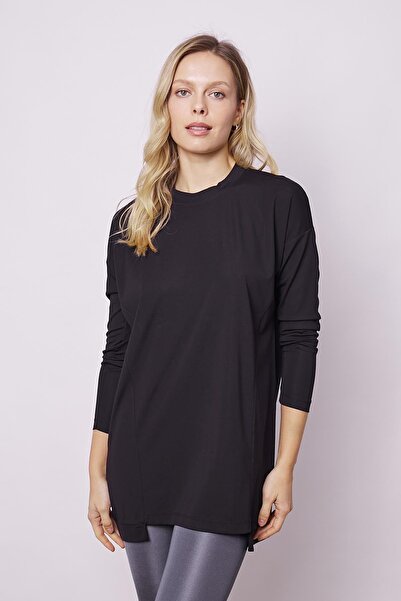 Jument Black Women's Tunic Blouse - Crew Neck, Long Sleeve, Lightweight Lycra, Relaxed Fit(Hide the Belly)