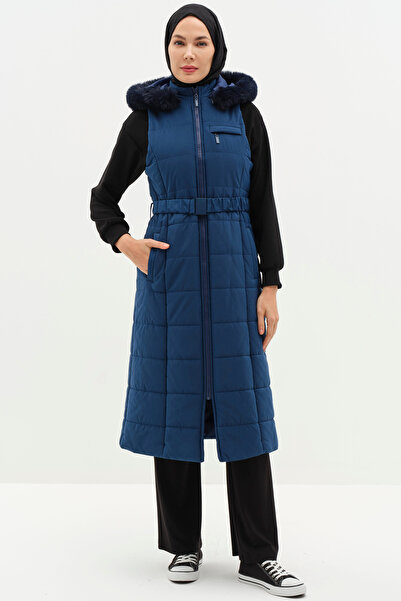 Tuğba Kürk Kapüşonlu Yelek - Lacivert