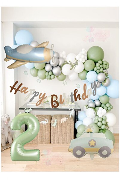 Partile Retro Renk Uçak Polis Arabalı Folyo Balon Seti Küf Yeşili Parti Eğlen...