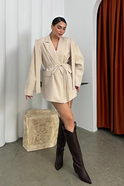 msm fashion Oversize Γυναικείο Μπλέιζερ Μπουφάν - Ζώνη και Λεπτομέρεια στον ώμο