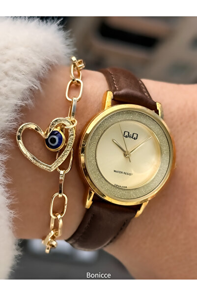 Q&Q Marka Kahverengi Deri Kordon, Kadın Kol Saati Kalp li Bileklik
