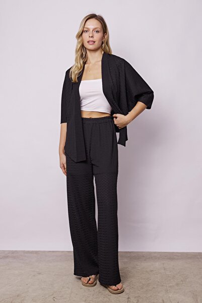 Jument Women's Lycra Perforated 1St Class Fabric Lace Bat Casual Comfortable Cut Stylish Cardigan-Black