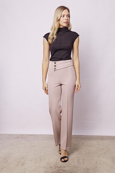 Jument Women's Office Pants with High Waist and Buttons - Lightweight Lycra, Stitching Detail Belt