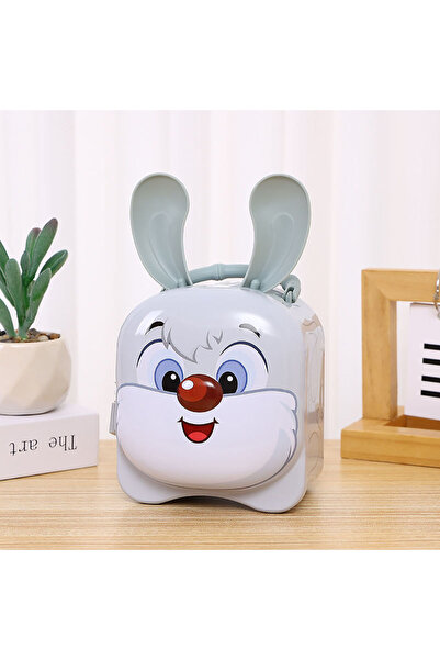 Livava Tavşan Çantalı Ve Kilitli Metal Kumbara, Gri, 19x12