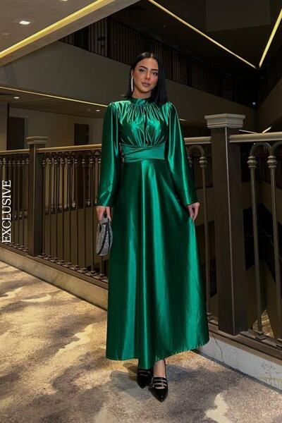 Mossta Rochie de seara din satin verde - Maneci lungi si cravata in talie