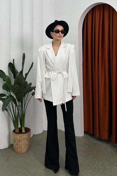 msm fashion Ριγέ Oversize Blazer Γυναικείο Μπουφάν - Ζώνη και Λεπτομέρεια ώμου