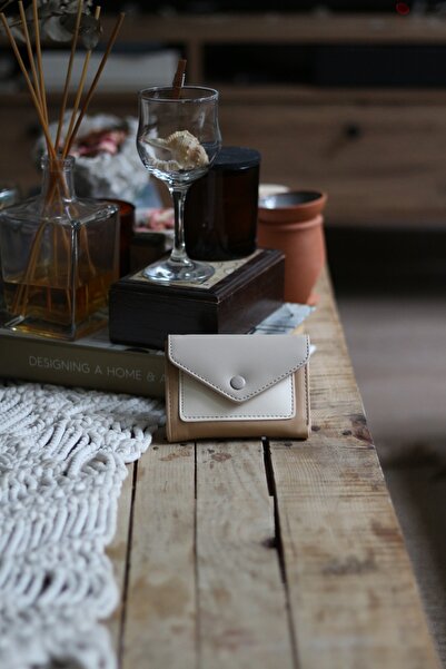 Moom Bag Kadın Karamel Bej Çift Renk Düğme Detaylı Mini Cüzdan