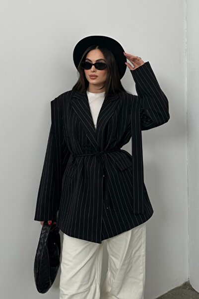 msm fashion Kadın Oversize Blazer Ceket Çizgili Kuşaklı Omuz Detaylı