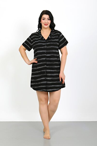 Akbeniz Plus Size Combed Cotton Button Black Tunic Nightgown 1033