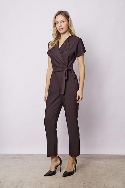 Jument Stylish Coffee Color Wrap Neckline Off-Shoulder Lace-Up Ankle Length Office Jumpsuit - Lightweight Lycra Fabric