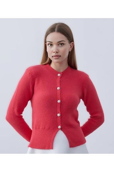 Butik La Lilyum, Pearl Button, Soft Texture, Long Sleeve and Red Colored Knitwear Cardigan