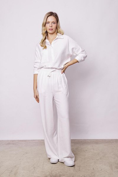 Jument Women's Palazzo Pants with White Linen Look - Elastic Waist, Pockets and Relaxed Fit