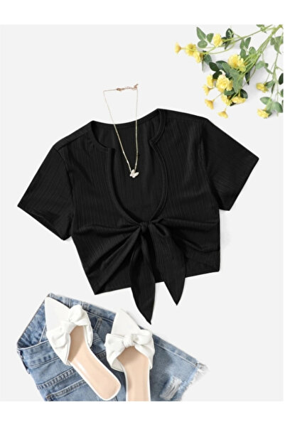 MOONBULL Дамска къса блуза от набрана материя с връзки отпред