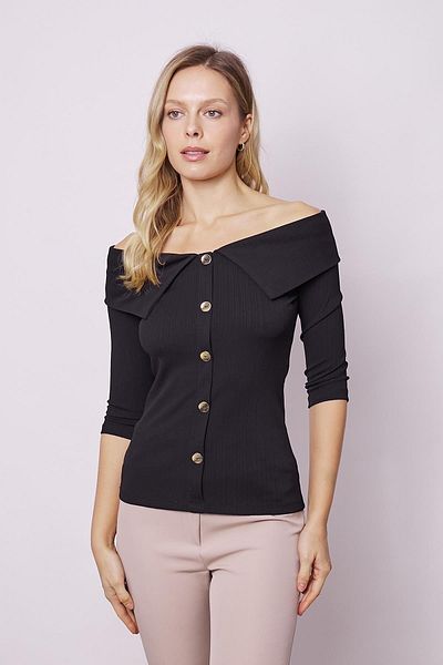 Jument Women's Black Body Blouse - Metal Button Detail, Lycra, Stylish Sleeves