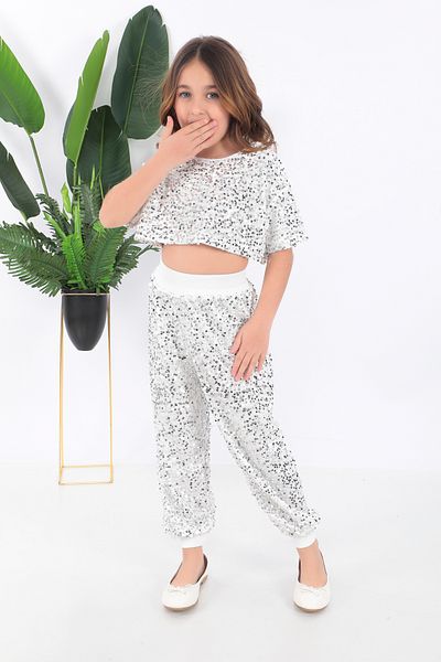 Kadıköy Kostüm Copil de sex feminin tricou scurt alb paiete paiete costum dansator