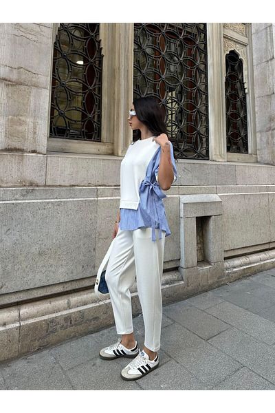 Gallogi Terikoton Striped Side Ribbon Blouse-Pants 2-Piece Set
