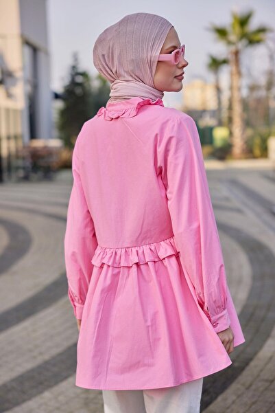 LOCCO Pink Stone Detailed Ruffled Women's Tunic Shirt