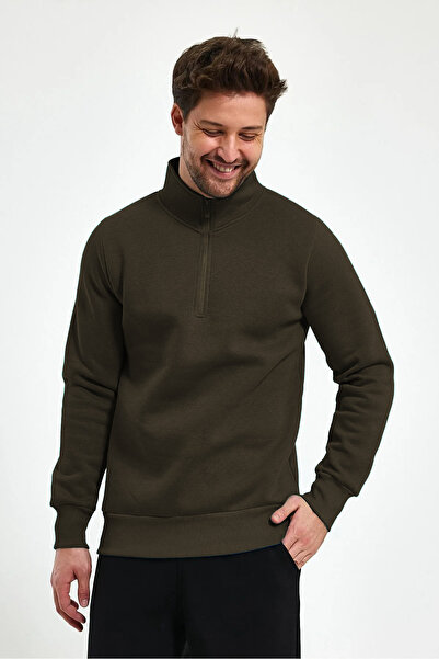 YAKAMEL Ανδρικό φούτερ με μισό φερμουάρ, ψηλό γιακά, μακρύ μανίκι και 3 κλωστές