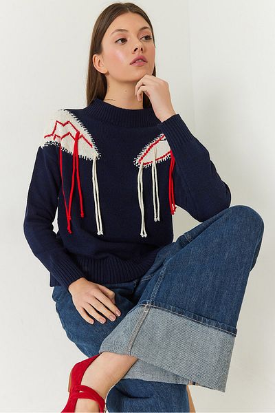 Bianco Lucci Women's Shoulder Fringed Knitwear Sweater 20246214