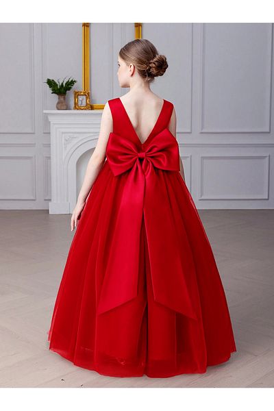 NSMLİFE Girls' Akasya Model Red Color V-Neck Simple Stylish Long Evening Dress Graduation Dress