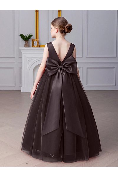 NSMLİFE Girl's Akasya Model Black Color V Neck Simple Stylish Long Evening Dress Graduation Dress