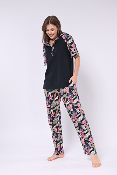 Mio Vero Navy Blue Shawl Print 100% Cotton Button-Down Collar Short Sleeve Women's Pajamas Set