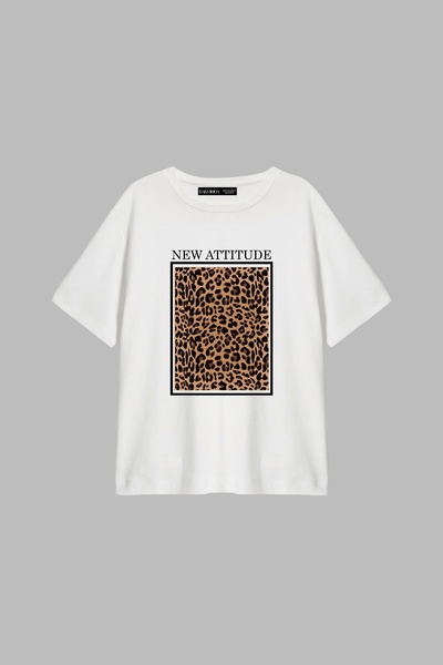 Bak Moda Tricou alb pentru femei, cu imprimeu Attitude, cu croiala relaxată