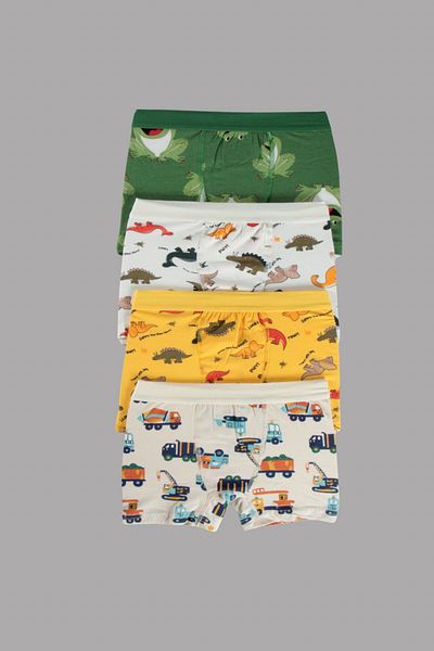 MADALİNA Boy's 95% Cotton Elastic Waist Dinosaur Patterned Set of 4 Boxers