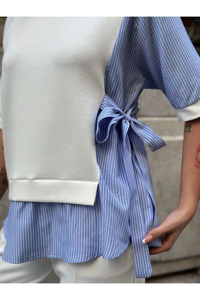 Gallogi Terikoton Striped Side Ribbon Blouse-Pants 2-Piece Set